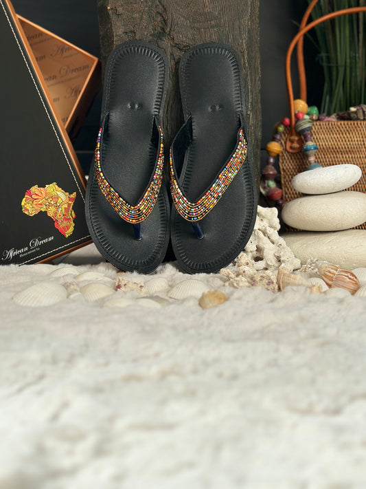 Moremi fekete bőr színes mintás afrikai papucs lapos talppal újjbebújós flip-flop